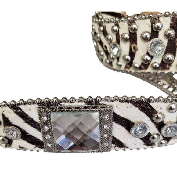 Montana West Western Zebra Print Leather Belt Calf Hair Rhinestone Studded 36 - Picture 6 of 9